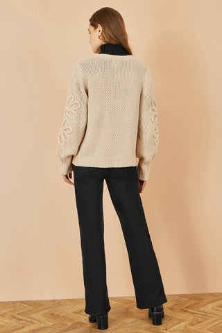 Yumi Beige Edge to Edge Cardigan With Flower Detail Sleeves - Hstrends