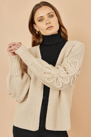 Yumi Beige Edge to Edge Cardigan With Flower Detail Sleeves - Hstrends