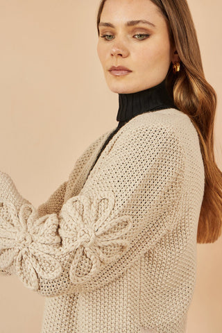 Yumi Beige Edge to Edge Cardigan With Flower Detail Sleeves - Hstrends