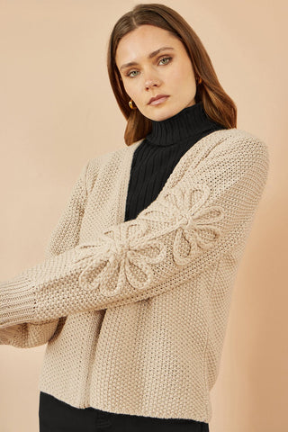 Yumi Beige Edge to Edge Cardigan With Flower Detail Sleeves - Hstrends
