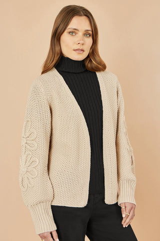 Yumi Beige Edge to Edge Cardigan With Flower Detail Sleeves - Hstrends