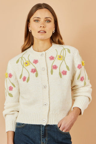 Yumi Beige Flower Embroidered Chunky Knit Cardigan - Hstrends