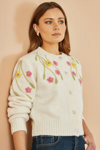 Yumi Beige Flower Embroidered Chunky Knit Cardigan - Hstrends