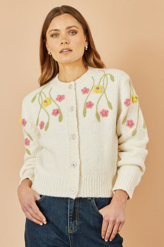 Yumi Beige Flower Embroidered Chunky Knit Cardigan - Hstrends