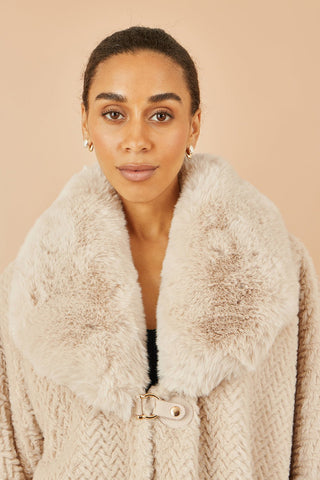 Yumi Beige Textured Fur Lined Cape - Hstrends