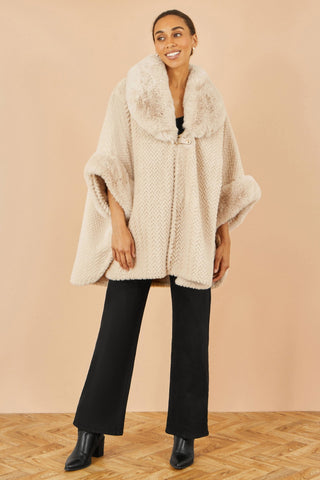 Yumi Beige Textured Fur Lined Cape - Hstrends