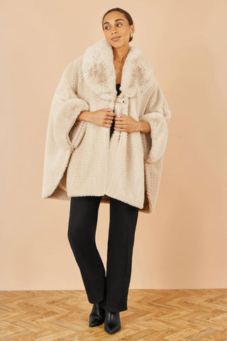 Yumi Beige Textured Fur Lined Cape - Hstrends