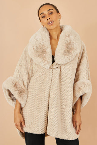 Yumi Beige Textured Fur Lined Cape - Hstrends