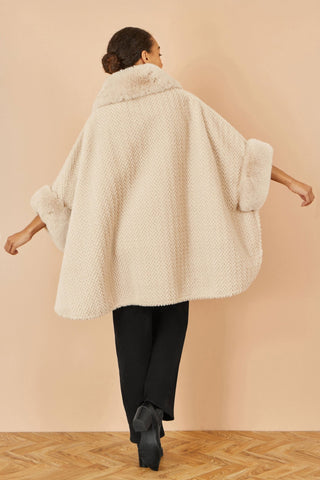 Yumi Beige Textured Fur Lined Cape - Hstrends