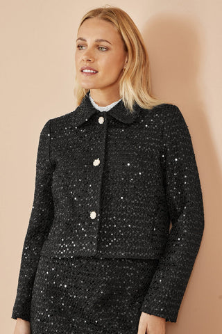 Yumi Black Boucle Sequin Jacket With Pearl Buttons - Hstrends