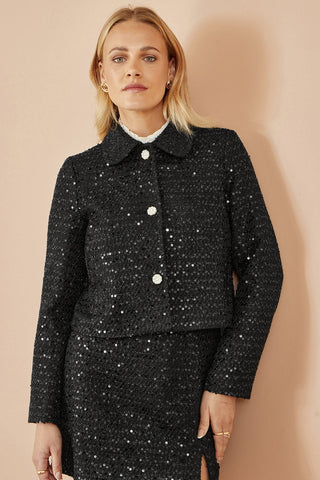 Yumi Black Boucle Sequin Jacket With Pearl Buttons - Hstrends