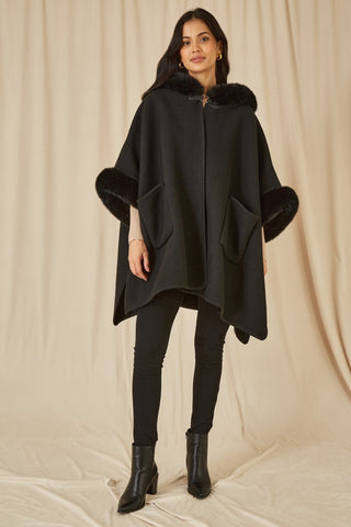 Yumi Black Cape With Luxe Fur Trim And Lining - Hstrends
