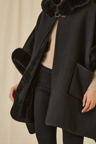 Yumi Black Cape With Luxe Fur Trim And Lining - Hstrends