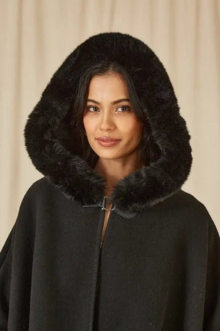 Yumi Black Cape With Luxe Fur Trim And Lining - Hstrends