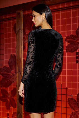Yumi Black Fitted Velvet Dress With Sheer Floral Sleeves - Hstrends