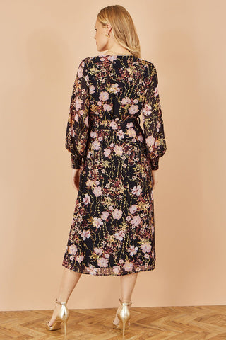 Yumi Black Foiled Floral Print Wrap Midi Dress - Hstrends
