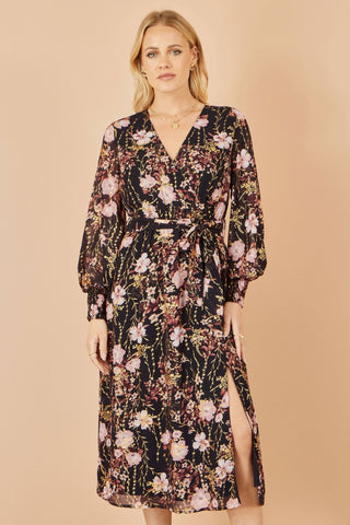 Yumi Black Foiled Floral Print Wrap Midi Dress - Hstrends