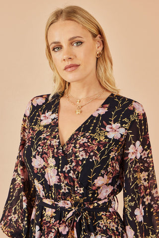 Yumi Black Foiled Floral Print Wrap Midi Dress - Hstrends