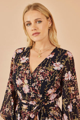 Yumi Black Foiled Floral Print Wrap Midi Dress - Hstrends
