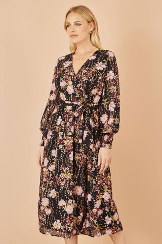 Yumi Black Foiled Floral Print Wrap Midi Dress - Hstrends