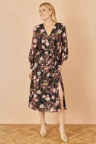 Yumi Black Foiled Floral Print Wrap Midi Dress - Hstrends