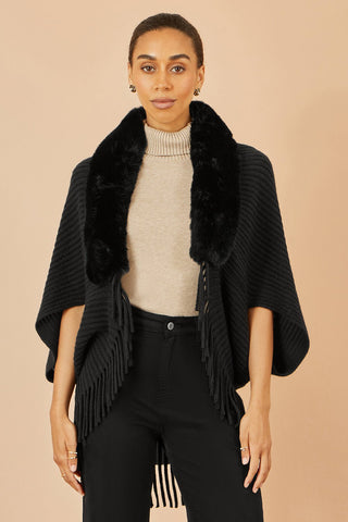 Yumi Black Fur Collar Shrug With Tassel Hem - Hstrends