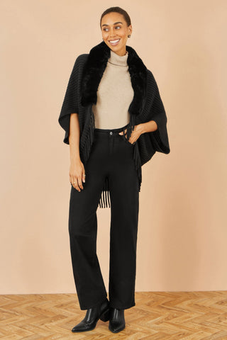 Yumi Black Fur Collar Shrug With Tassel Hem - Hstrends