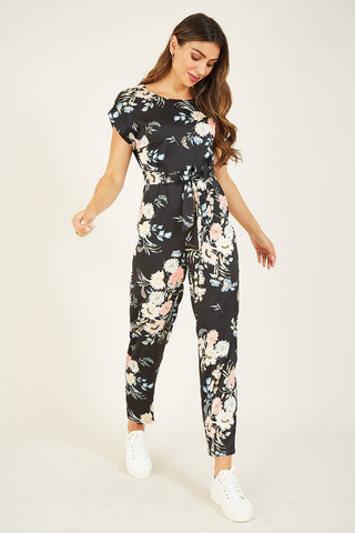 Yumi Black Japanese Floral Tie Jumpsuit - Hstrends
