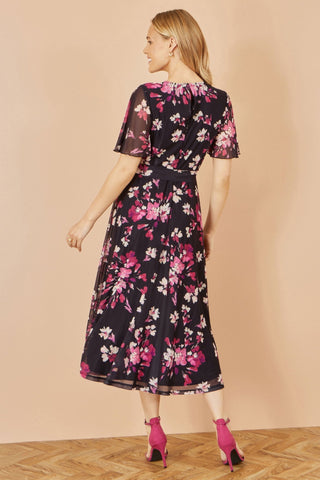 Yumi Black Mesh Skater Floral Midi Dress - Hstrends