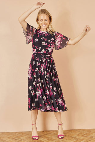Yumi Black Mesh Skater Floral Midi Dress - Hstrends