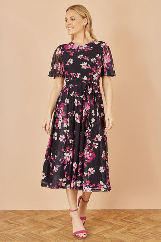 Yumi Black Mesh Skater Floral Midi Dress - Hstrends