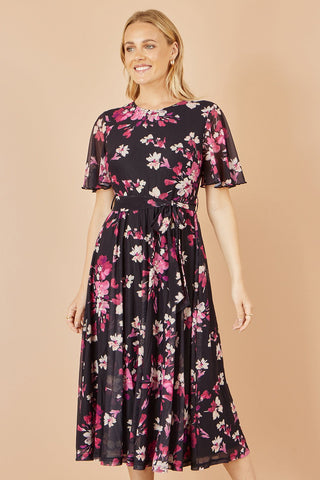 Yumi Black Mesh Skater Floral Midi Dress - Hstrends
