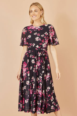 Yumi Black Mesh Skater Floral Midi Dress - Hstrends