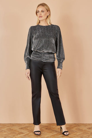 Yumi Black Metallic Stretch Ruched Hem Top - Hstrends