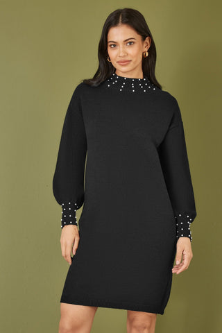 Yumi Black Pearl Detail Knitted Relaxed Jumper Dress - Hstrends