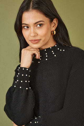 Yumi Black Pearl Detail Knitted Relaxed Jumper Dress - Hstrends