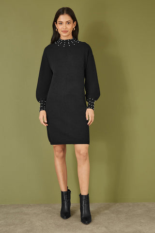 Yumi Black Pearl Detail Knitted Relaxed Jumper Dress - Hstrends
