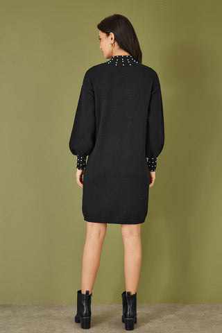 Yumi Black Pearl Detail Knitted Relaxed Jumper Dress - Hstrends