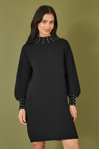 Yumi Black Pearl Detail Knitted Relaxed Jumper Dress - Hstrends