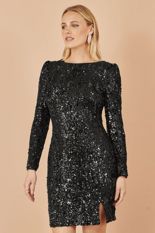 Yumi Black Sequin Long Sleeve Fitted Dress - Hstrends