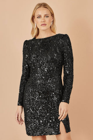 Yumi Black Sequin Long Sleeve Fitted Dress - Hstrends
