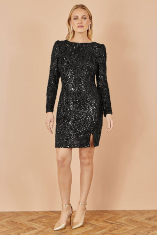 Yumi Black Sequin Long Sleeve Fitted Dress - Hstrends