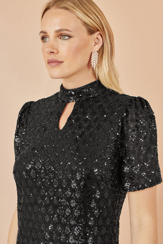 Yumi Black Sequin Tunic Dress with Chevron Pattern & Keyhole Neckline - Hstrends