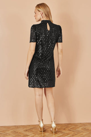 Yumi Black Sequin Tunic Dress with Chevron Pattern & Keyhole Neckline - Hstrends
