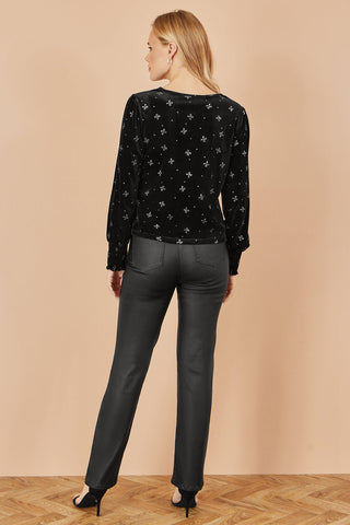 Yumi Black Sparkle Bow Print Velvet Top - Hstrends