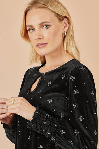 Yumi Black Sparkle Bow Print Velvet Top - Hstrends