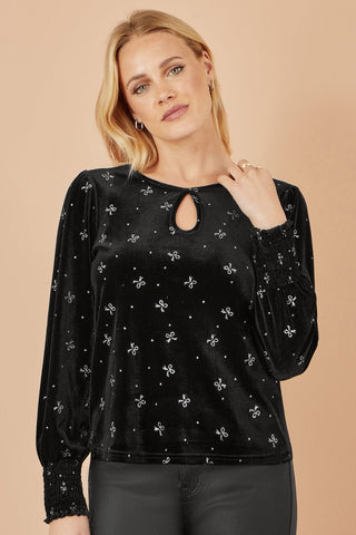 Yumi Black Sparkle Bow Print Velvet Top - Hstrends