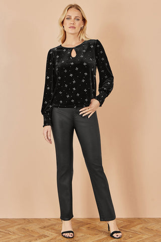 Yumi Black Sparkle Bow Print Velvet Top - Hstrends