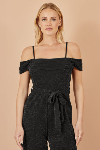 Yumi Black Sparkle Stretch Bardot Jumpsuit - Hstrends
