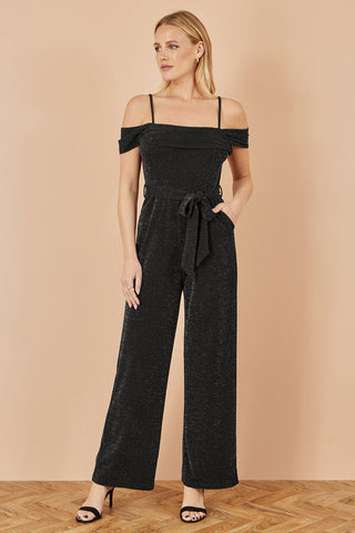 Yumi Black Sparkle Stretch Bardot Jumpsuit - Hstrends